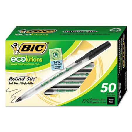 Bic® Ecolutions Round Stic Stick Ballpoint Pen Value Pack, 1mm, Black Ink, Clear Barrel, 50/Pack