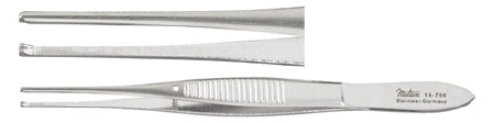 Miltex Tissue Forceps Miltex® Iris 4 Inch Length OR Grade German Stainless Steel NonSterile NonLocking Thumb Handle Straight Serrated Tips with 1 X 2 Teeth - M-249736-3788 - Each