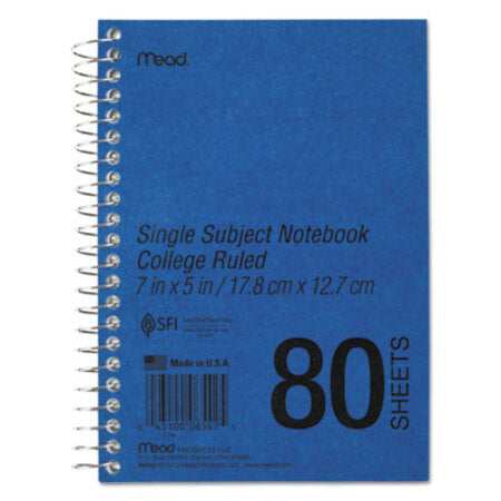 Mead® DuraPress Cover Notebook, 1 Subject, Medium/College Rule, Blue Cover, 7 x 5, 80 Sheets