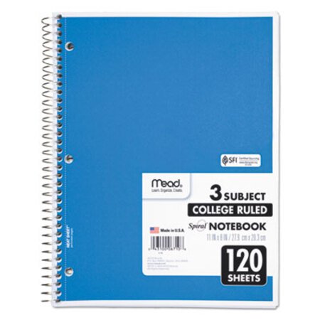 Mead® Spiral Notebook, 3 Subjects, Medium/College Rule, Assorted Color Covers, 11 x 8, 120 Sheets
