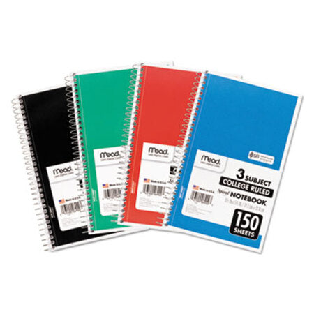 Mead® Spiral Notebook, 3 Subjects, Medium/College Rule, Assorted Color Covers, 9.5 x 5.5, 150 Sheets