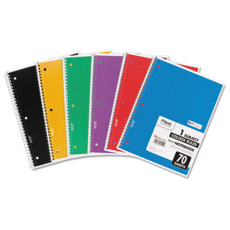 Mead® Spiral Notebook, 1 Subject, Medium/College Rule, Assorted Color Covers, 10.5 x 7.5, 70 Sheets