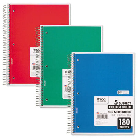 Mead® Spiral Notebook, 5 Subjects, Medium/College Rule, Assorted Color Covers, 10.5 x 8, 180 Sheets