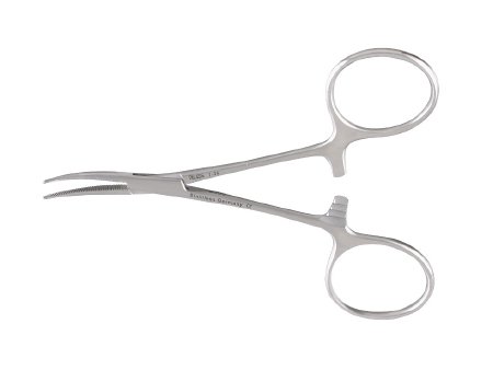 Miltex Hemostatic Forceps Miltex® Hartmann-Mosquito 3-1/2 Inch Length OR Grade German Stainless Steel NonSterile Ratchet Lock Finger Ring Handle Curved Serrated Tip - M-250274-4109 - Each