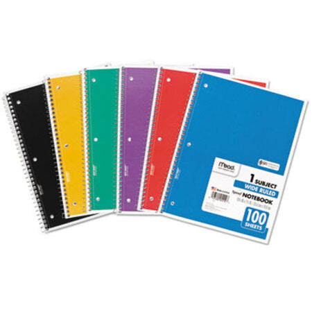 Mead® Spiral Notebook, 1 Subject, Wide/Legal Rule, Assorted Color Covers, 10.5 x 7.5, 100 Sheets