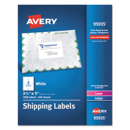 Avery® White Shipping Labels-Bulk Packs, Inkjet/Laser Printers, 3.5 x 5, White, 4/Sheet, 250 Sheets/Box