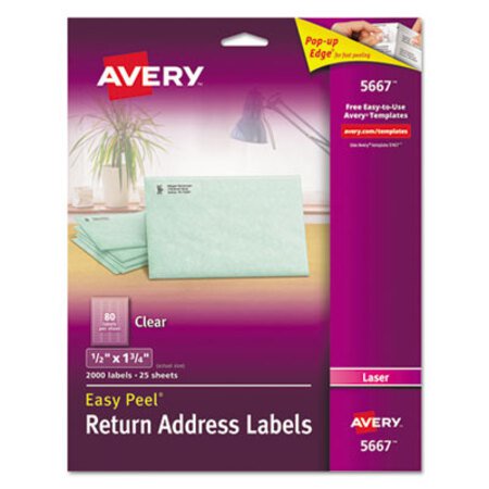 Avery® Matte Clear Easy Peel Mailing Labels w/ Sure Feed Technology, Laser Printers, 0.5 x 1.75, Clear, 80/Sheet, 25 Sheets/Box