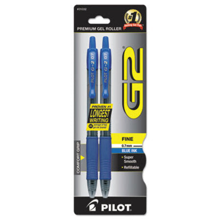 Pilot® G2 Premium Retractable Gel Pen, 0.7 mm, Blue Ink, Smoke Barrel, 2/Pack