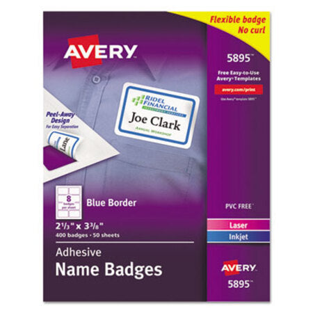 Avery® Flexible Adhesive Name Badge Labels, 3.38 x 2.33, White/Blue Border, 400/Box