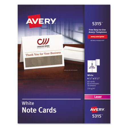 Avery® Note Cards, Laser Printer, 4 1/4 x 5 1/2, Uncoated White, 60/Pack with Envelopes