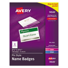 Avery® Pin-Style Badge Holder with Laser/Inkjet Insert, Top Load, 3.5 x 2.25, White, 100/Box