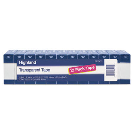Highland™ Transparent Tape, 1" Core, 0.75" x 83.33 ft, Clear, 12/Pack