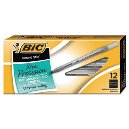 Bic® Round Stic Xtra Precision Stick Ballpoint Pen, 0.8 mm, Black Ink, Smoke Barrel, Dozen