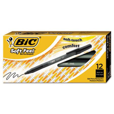 Bic® Soft Feel Stick Ballpoint Pen, Medium 1mm, Black Ink/Barrel, Dozen