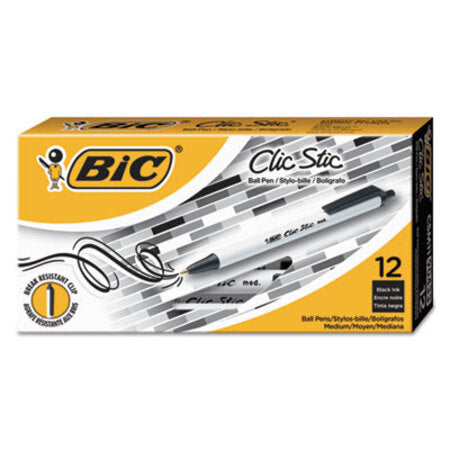 Bic® Clic Stic Retractable Ballpoint Pen, Medium 1 mm, Black Ink, White Barrel, Dozen