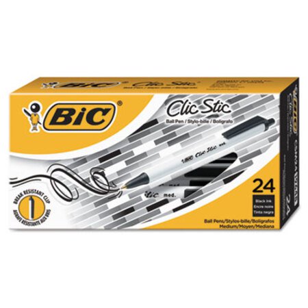 Bic® Clic Stic Retractable Ballpoint Pen Value Pack, Medium 1 mm, Black Ink, White Barrel, 24/Pack