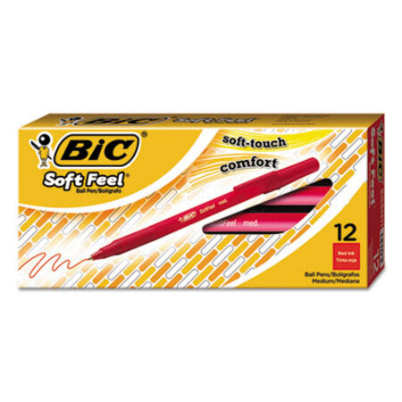 Bic® Soft Feel Stick Ballpoint Pen, Medium 1mm, Red Ink/Barrel, Dozen