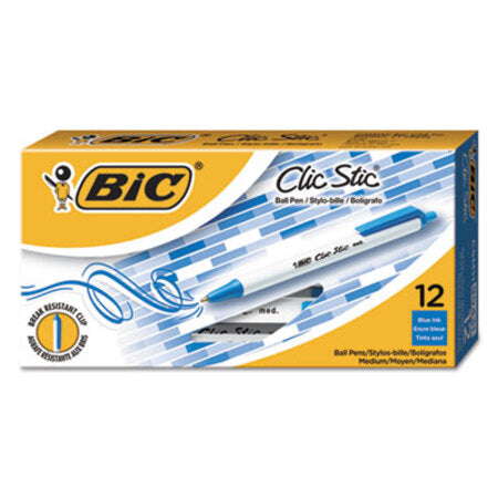 Bic® Clic Stic Retractable Ballpoint Pen, Medium 1 mm, Blue Ink, White Barrel, Dozen