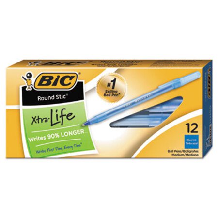 Bic® Round Stic Xtra Precision Stick Ballpoint Pen, 0.8 mm, Blue Ink, Tran Blue Barrel, Dozen