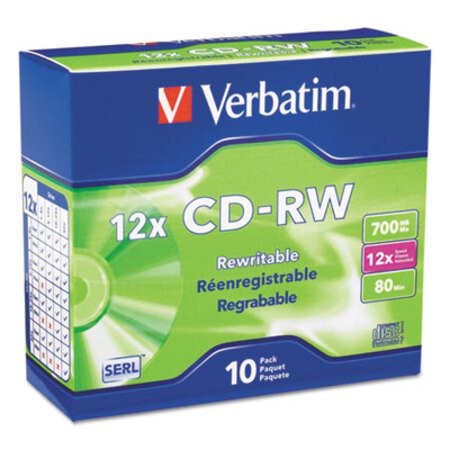 Verbatim® CD-RW, 700MB, 4X-12X High Speed, Branded Surface, 10/PK Slim Case