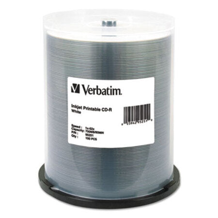 Verbatim® CD-R, 700MB, 52X, White Inkjet Printable, 100/PK Spindle