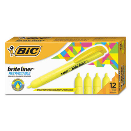 Bic® Brite Liner Retractable Highlighter, Chisel Tip, Fluorescent Yellow, Dozen