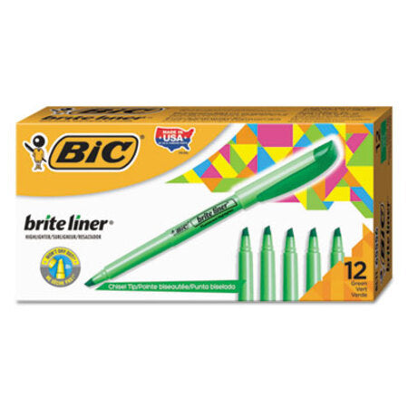 Bic® Brite Liner Highlighter, Chisel Tip, Fluorescent Green, Dozen
