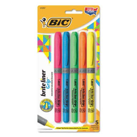 Bic® Brite Liner Grip Pocket Highlighter , Chisel Tip, Assorted Colors, 5/Set