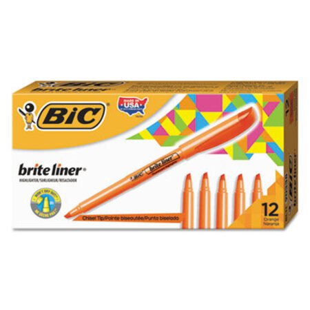 Bic® Brite Liner Highlighter, Chisel Tip, Fluorescent Orange, Dozen