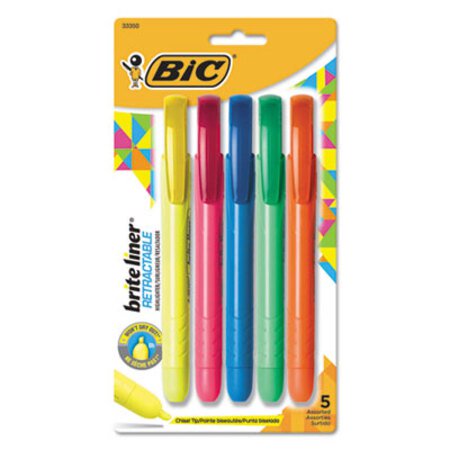 Bic® Brite Liner Retractable Highlighter, Chisel Tip, Assorted Colors, 5/Set