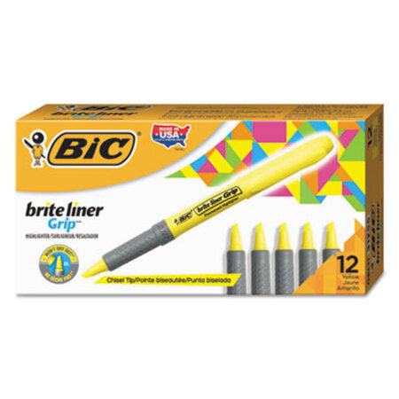 Bic® Brite Liner Grip Pocket Highlighter , Chisel Tip, Fluorescent Yellow, Dozen