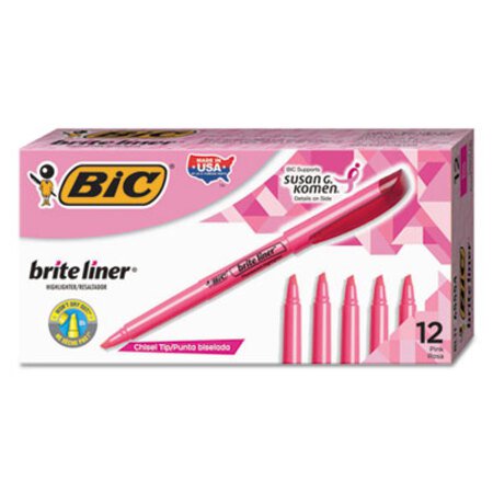 Bic® Brite Liner Highlighter, Chisel Tip, Fluorescent Pink, Dozen