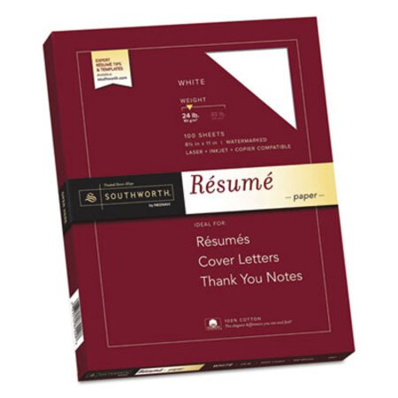 Southworth® 100% Cotton Resume Paper, 95 Bright, 24 lb, 8.5 x 11, White, 100/Pack