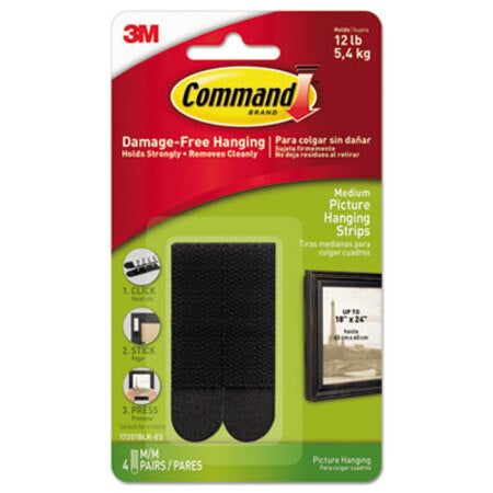 Command™ Picture Hanging Strips, Removable, 0.75" x 2.75", Black, 4 Pairs/Pack