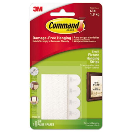 Command™ Picture Hanging Strips, Removable, 0.63" x 2.13", White, 4 Pairs/Pack