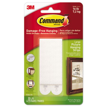 Command™ Picture Hanging Strips, Removable, 0.5" x 3.63", White, 4 Pairs/Pack