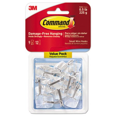Command™ Clear Hooks and Strips, Plastic/Wire, Small, 9 Hooks with 12 Adhesive Strips per Pack