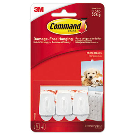 Command™ General Purpose Hooks, Micro, 0.5 lb Cap, White, 3 Hooks and 4 Strips/Pack