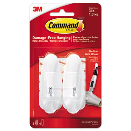 Command™ General Purpose Wire Hooks, Medium, 3 b Cap, White, 2 Hooks and 4 Strips/Pack