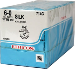 Suture with Needle Perma-Hand Nonabsorbable Coated Black Suture Braided Silk Size 6 - 0 18 Inch Suture Double-Armed 13 mm Length 3/8 Circle Reverse Cutting Needle