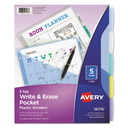 Avery® Write and Erase Durable Plastic Dividers with Pocket, 3-Hold Punched, 5-Tab, 11.13 x 9.25, Assorted, 1 Set