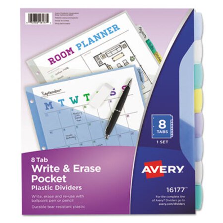 Avery® Write and Erase Durable Plastic Dividers with Pocket, 3-Hold Punched, 8-Tab, 11.13 x 9.25, Assorted, 1 Set