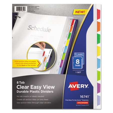 Avery® Clear Easy View Plastic Dividers with Multicolored Tabs and Sheet Protector, 8-Tab, 11 x 8.5, Clear, 1 Set