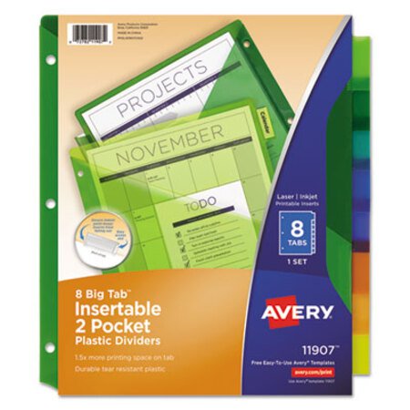 Avery® Insertable Big Tab Plastic 2-Pocket Dividers, 8-Tab, 11.13 x 9.25, Assorted, 1 Set