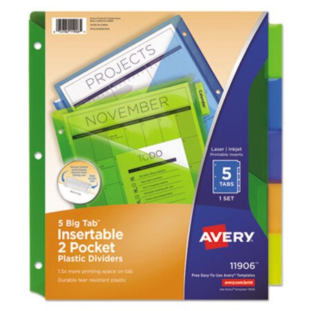 Avery® Insertable Big Tab Plastic 2-Pocket Dividers, 5-Tab, 11.13 x 9.25, Assorted, 1 Set