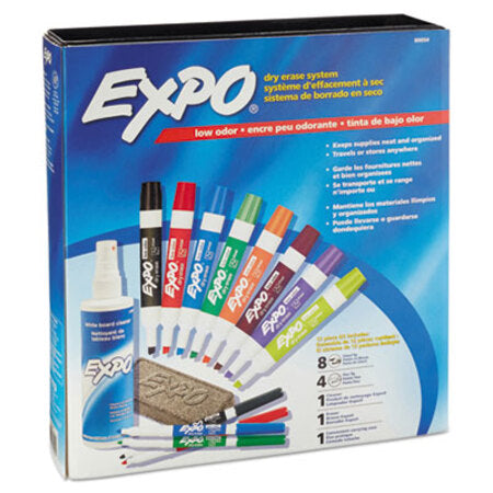Expo® Low-Odor Dry Erase Marker, Eraser and Cleaner Kit, Assorted Tips, Assorted Colors, 12/Set