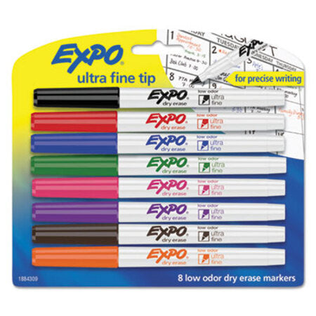 Expo® Low-Odor Dry-Erase Marker, Extra-Fine Needle Tip, Assorted Colors, 8/Set