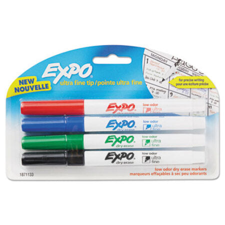 Expo® Low-Odor Dry-Erase Marker, Extra-Fine Needle Tip, Assorted Colors, 4/Pack