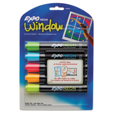 Expo® Neon Windows Dry Erase Marker, Broad Bullet Tip, Assorted Colors, 5/Pack