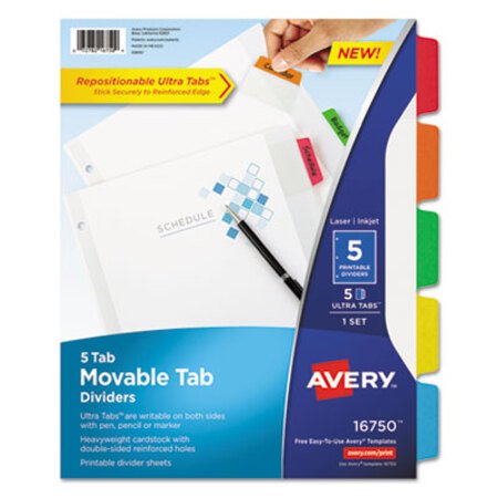 Avery® Movable Tab Dividers with Color Tabs, 5-Tab, 11 x 8.5, White, 1 Set